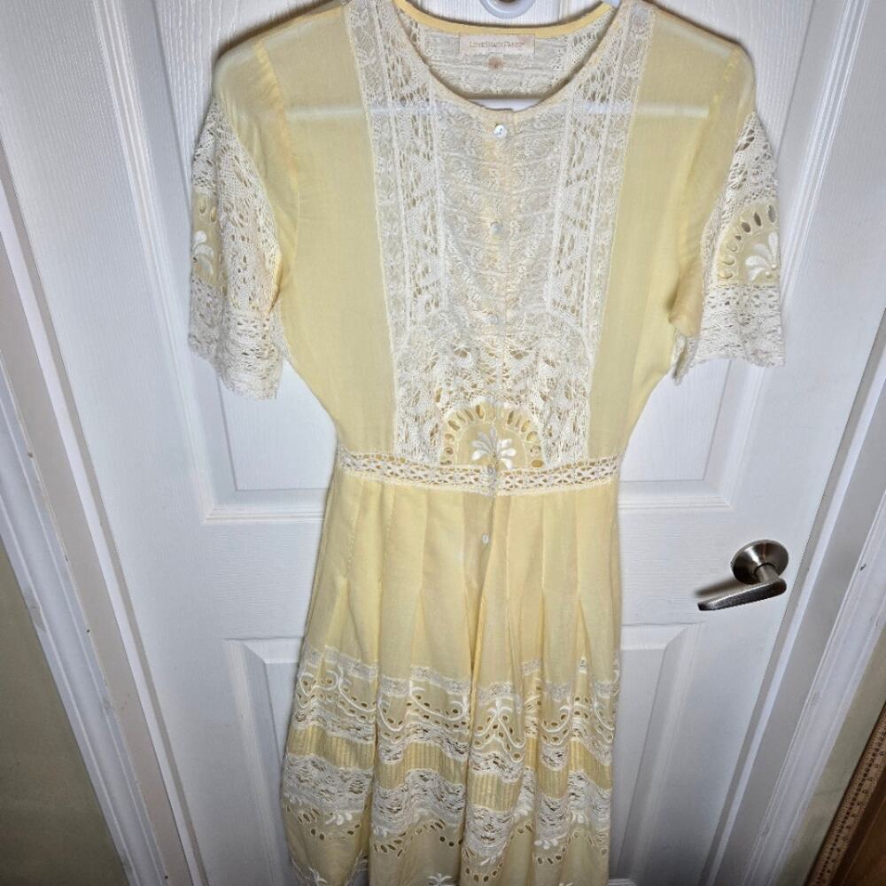 LoveShackFancy Edie Lace Inset Cotton Midi Dress Yellow Lemon Drop - Size Small